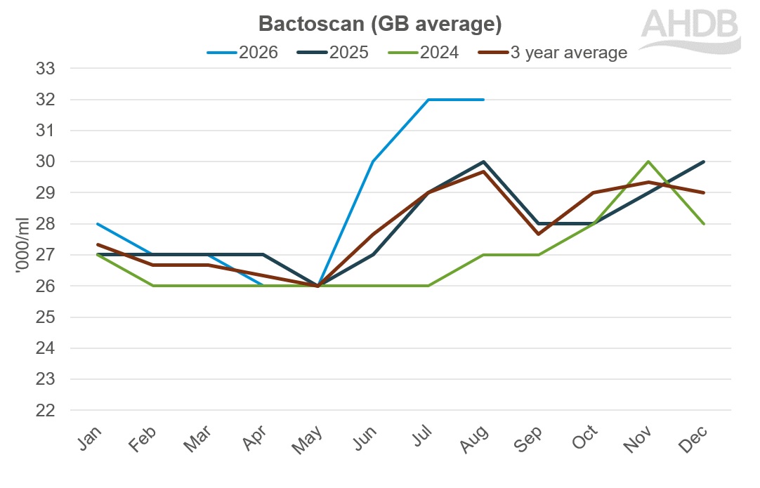 Line graph showing bactoscan GB average 2024 to 2026.